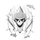 An intricate dotwork design featuring a school of sharks circling around a skull tattoo design idea