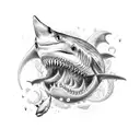 An intricate dotwork design featuring a school of sharks circling around a skull tattoo design idea