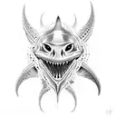 An intricate dotwork design featuring a school of sharks circling around a skull tattoo design idea