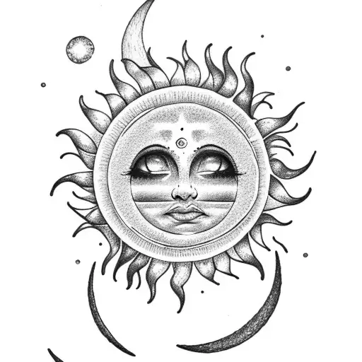 Dotwork "Crescent Moon, Sun Catcher, Sun Flower" Tattoo Idea BlackInk AI