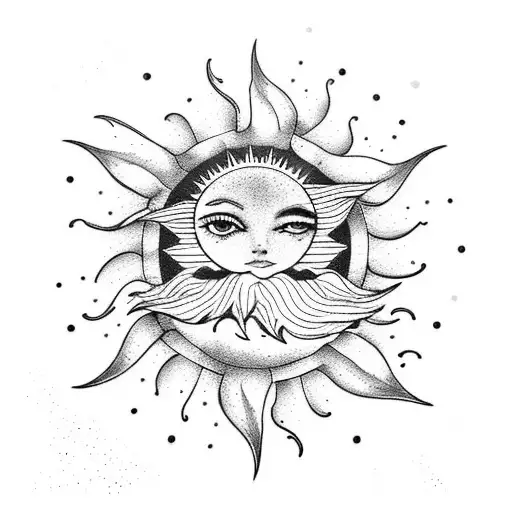 Dotwork "Crescent Moon, Sun Catcher, Sun Flower" Tattoo Idea BlackInk AI