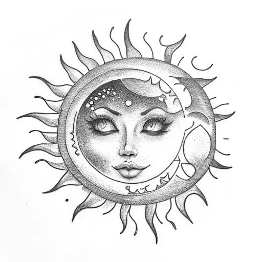 Dotwork "Crescent Moon, Sun Catcher, Sun Flower" Tattoo Idea BlackInk AI