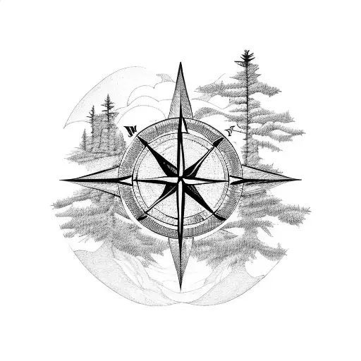 A blackwork tattoo of a compass with pine trees and a flowing river, representing the client's passion for outdoor exploration tattoo design idea