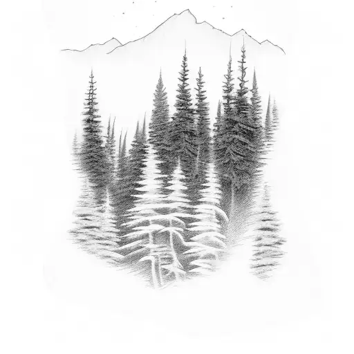 A blackwork tattoo of a setting with twin lakes with pine trees and a flowing river, sawtooth mountains tattoo design idea