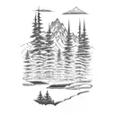 A blackwork tattoo of a setting with twin lakes with pine trees and a flowing river, sawtooth mountains tattoo design idea