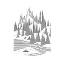 A blackwork tattoo of a setting with twin lakes with pine trees and a flowing river, sawtooth mountains tattoo design idea