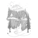 A blackwork tattoo of a setting with twin lakes with pine trees and a flowing river, sawtooth mountains tattoo design idea