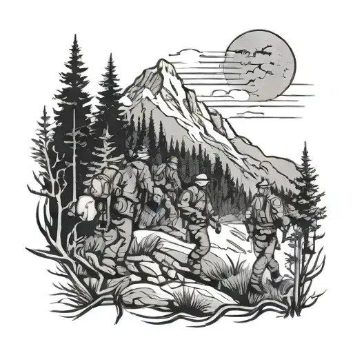 A sheriff deputy leading a group of hikers through a dark forest with mountains in the background tattoo design idea