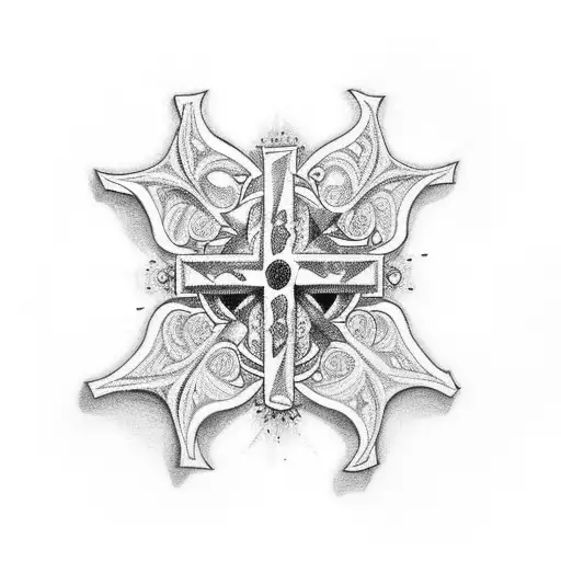 A cross surrounded by an intricate blackwork design of the underworld tattoo design idea
