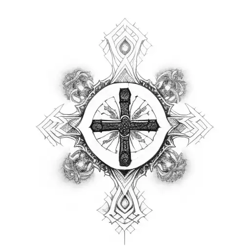 A cross surrounded by an intricate blackwork design of the underworld tattoo design idea