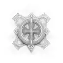 A cross surrounded by an intricate blackwork design of the underworld tattoo design idea