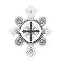 A cross surrounded by an intricate blackwork design of the underworld tattoo design idea