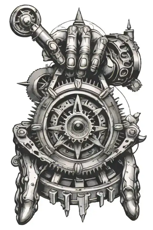 A mechanical arm holding a steering wheel with an illuminati eye in place of the hand tattoo design idea