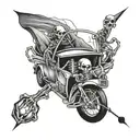 Design a tattoo featuring a skeleton drifting in a car with hidden illuminati symbols incorporated into the background tattoo design idea