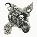 Design a tattoo featuring a skeleton drifting in a car with hidden illuminati symbols incorporated into the background tattoo design idea