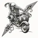 Design a tattoo featuring a skeleton drifting in a car with hidden illuminati symbols incorporated into the background tattoo design idea