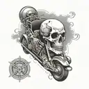 Design a tattoo featuring a skeleton drifting in a car with hidden illuminati symbols incorporated into the background tattoo design idea