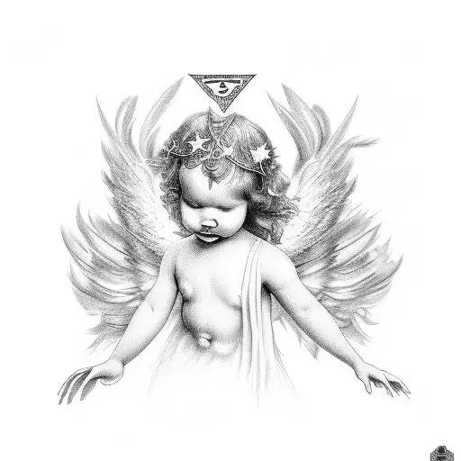 angel with 3 cherubs with feathers and stars tattoo design idea