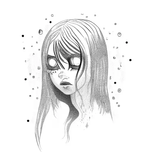 Sad  girl in the water up to her shoulders in despair eyes cannot be seen long hair purple strands tattoo design idea