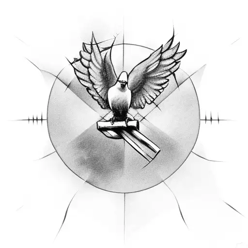 cross, 2 doves, crown of thorns, clouds, light beams tattoo design idea
