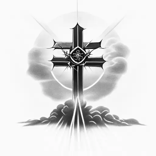 cross, 2 doves, crown of thorns, clouds, light beams tattoo design idea