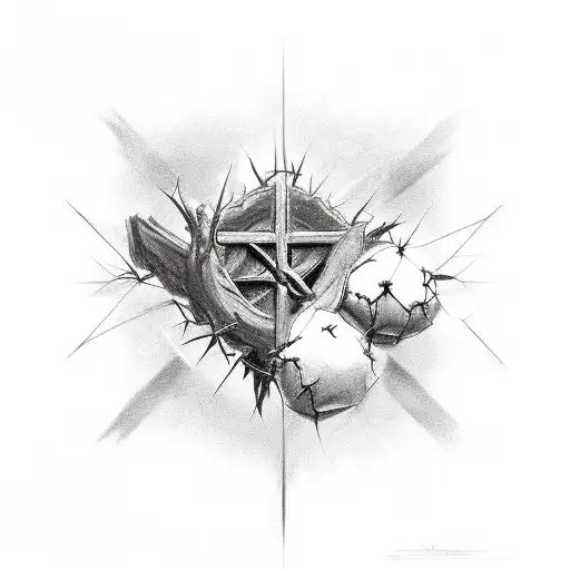 cross, 2 doves, crown of thorns, clouds, light beams tattoo design idea