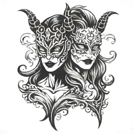 two female devils drama masks tragedy and comedy tattoo design idea