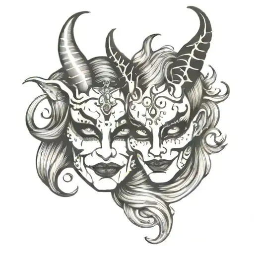 two female devils drama masks tragedy and comedy tattoo design idea