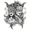 two female devils drama masks tragedy and comedy tattoo design idea