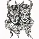two female devils drama masks tragedy and comedy tattoo design idea