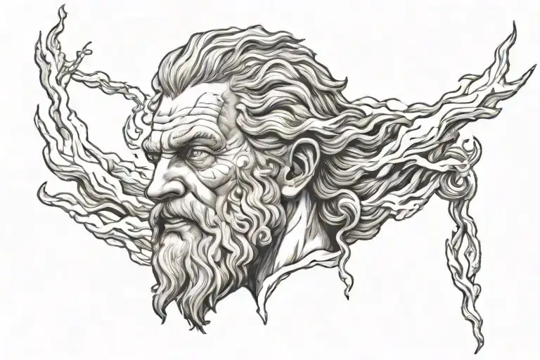 Zeus's head with Olympus below it with lightning coming from eyes down arm tattoo design idea