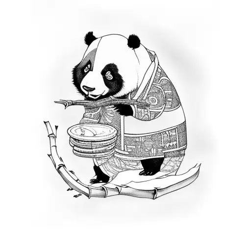cartoonish panda eating bamboo and t-rex holding a wh ite blanket with a duck and unirocrn walking tattoo design idea