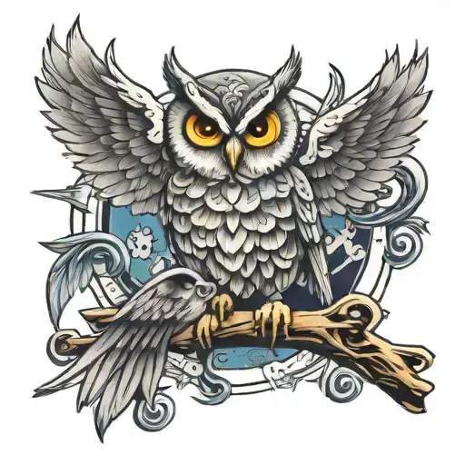  3d owl picking up a cross with gods eyes looking over it tattoo design idea