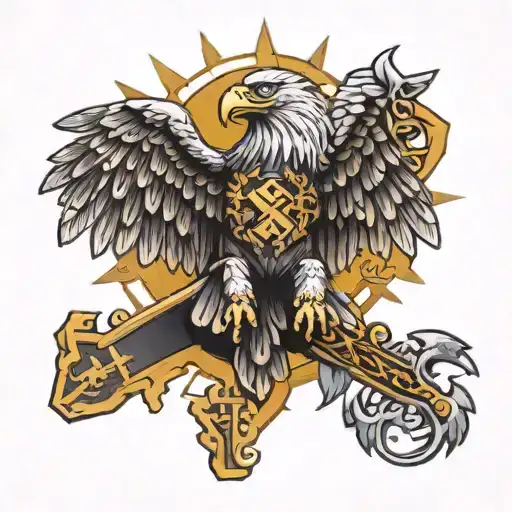  3d eagle picking up a cross with gods eyes looking over it tattoo design idea