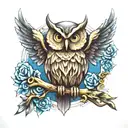  3d owl picking up a cross with gods eyes looking over it tattoo design idea