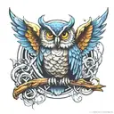  3d owl picking up a cross with gods eyes looking over it tattoo design idea