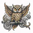  3d owl picking up a cross with gods eyes looking over it tattoo design idea