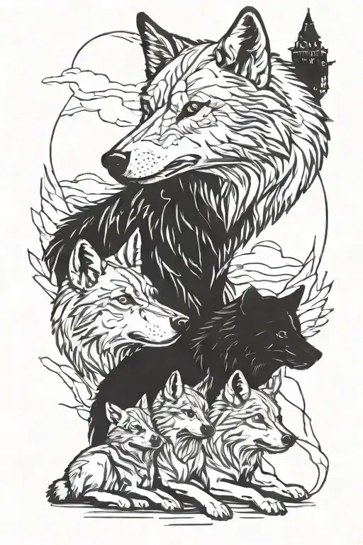 daddy wolf and 3 daughter cubs protective father wolf watching tattoo design idea