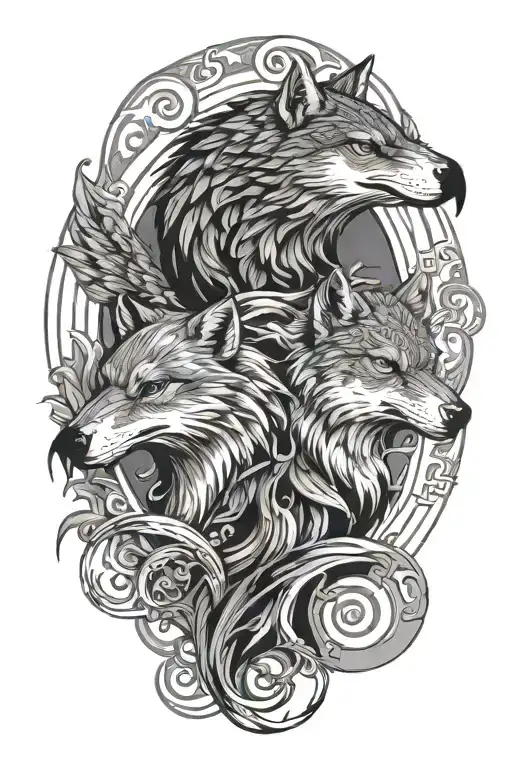 A black-grey tattoo of a hawk and a wolf in a yin-yang style, representing balance and harmony tattoo design idea