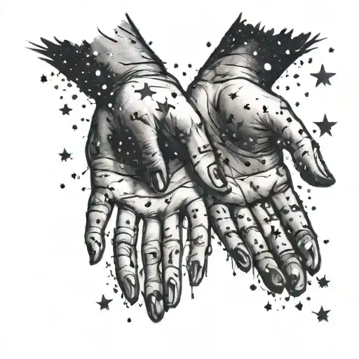 semi realistic male and female hands holding, the male hand is blacked out with night stars scattered inside  tattoo design idea