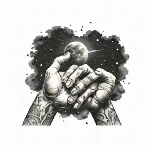 semi realistic male and female hands holding, the male hand is blacked out with night sky tattoo design idea