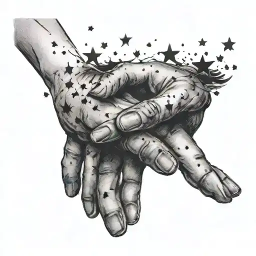 hands holding, one hand is blacked out with stars scattered tattoo design idea
