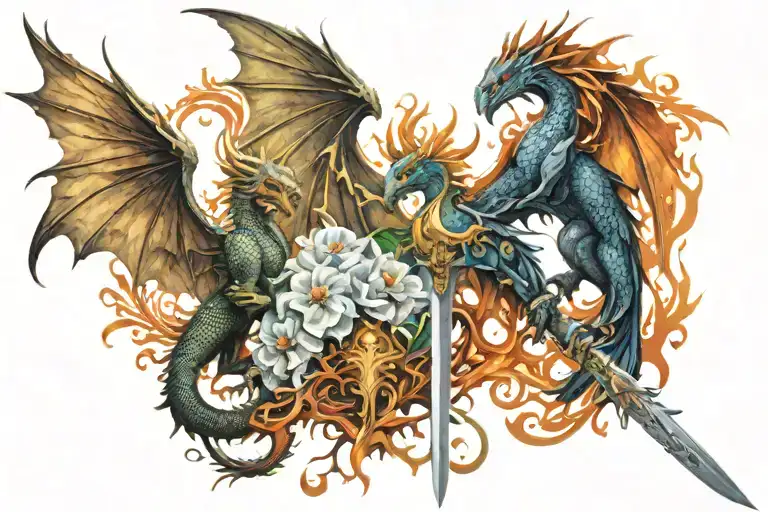 3 dragons Phoenix butterfly angel sword queen warrior  tattoo design idea