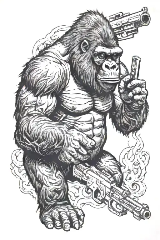 gorilla, guns, fire tattoo design idea