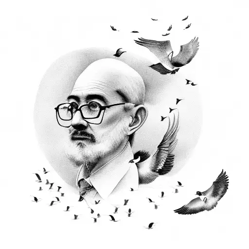 A black and grey portrait of a teacher holding a paintbrush and surrounded by flying birds tattoo design idea