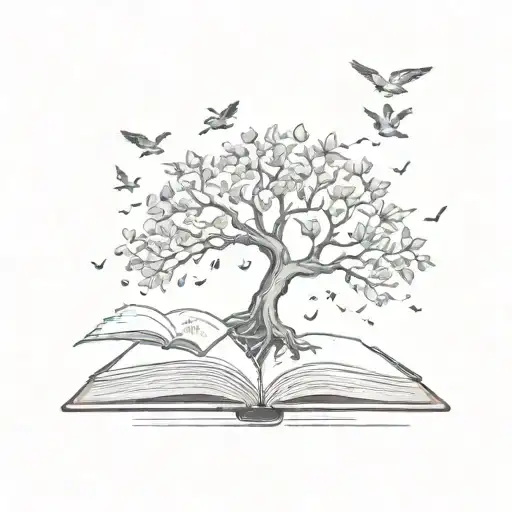 A tree growing from a book, with birds flying out of its branches tattoo design idea