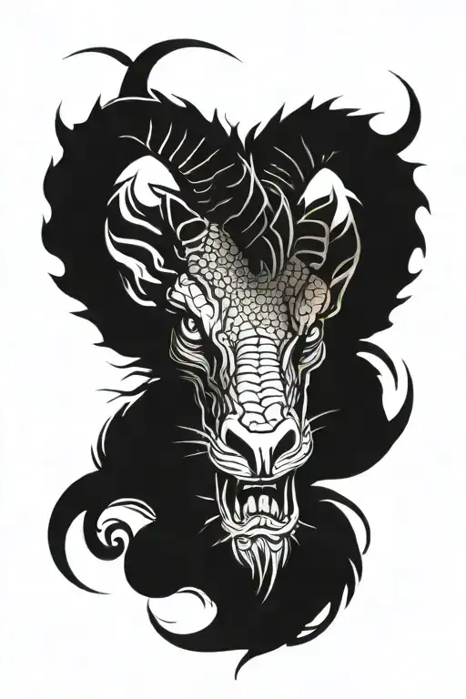 Combination of the face of a dragon and a ram from the front tattoo design idea