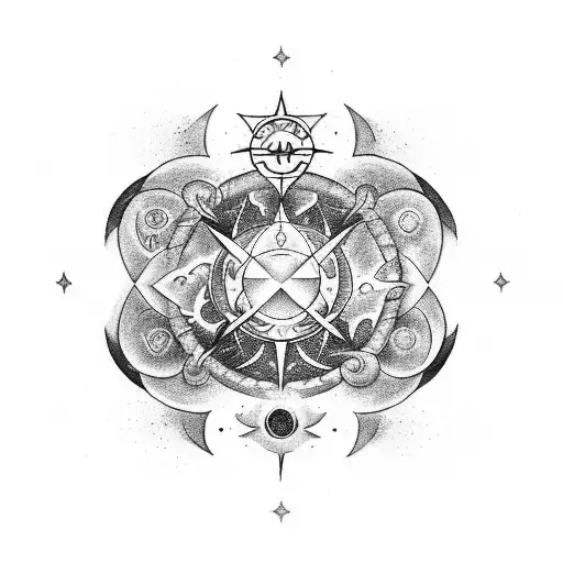 A celestial-themed tattoo incorporating the zodiac signs of Pisces, Capricorn, and Gemini in a unique and artistic way tattoo design idea