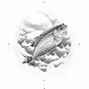 A nature-inspired tattoo featuring elements associated with Pisces, Capricorn, and Gemini such as fish, mountains, and twins, rendered in a detailed dotwork style tattoo design idea