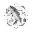 A nature-inspired tattoo featuring elements associated with Pisces, Capricorn, and Gemini such as fish, mountains, and twins, rendered in a detailed dotwork style tattoo design idea